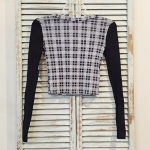 ZARA LONG SLEEVE PLAID CROP TOP Small Blue/Black Plaid Stretch Grunge Punk Y2k